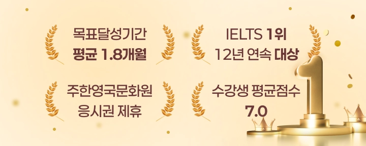 목표달성기간 평균 1.8개월, IELTS 1위 12년 연속 대상, 주한영국문화원 응시권 제휴, 수강생 평균점수 7.0
